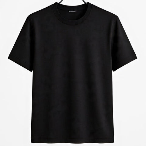 Black t-shirt on a hanger with a plain background